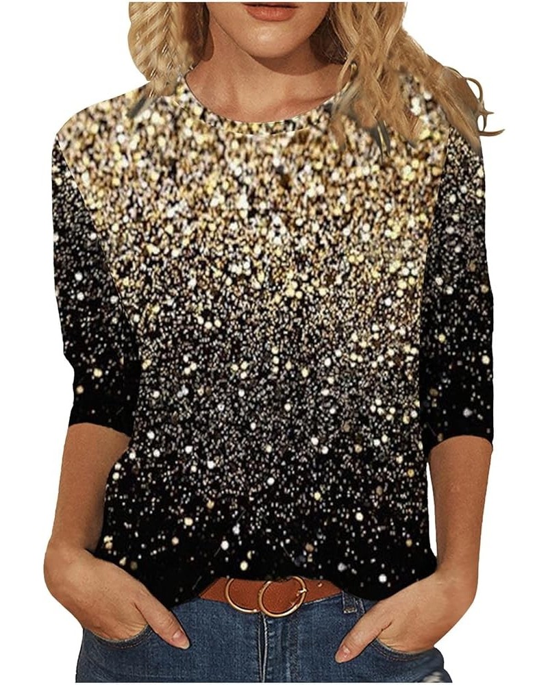 Womens Sparkle Sequin 3/4 Sleeve Top 2024 Spring Trendy Shirts Glitter Print Round Neck Tshirts Fashion Tunic Tops 01 lightni...