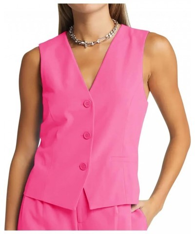 Women Buttons Vest Crop Vintage Sleeveless V Neck Elastic Chiffon Waistcoat Hot Pink $16.42 Vests