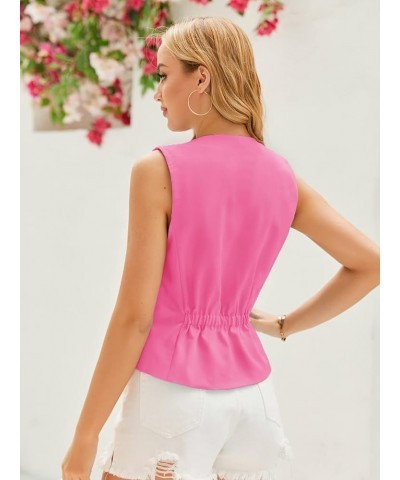 Women Buttons Vest Crop Vintage Sleeveless V Neck Elastic Chiffon Waistcoat Hot Pink $16.42 Vests