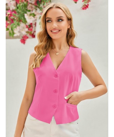 Women Buttons Vest Crop Vintage Sleeveless V Neck Elastic Chiffon Waistcoat Hot Pink $16.42 Vests