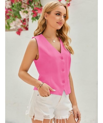 Women Buttons Vest Crop Vintage Sleeveless V Neck Elastic Chiffon Waistcoat Hot Pink $16.42 Vests