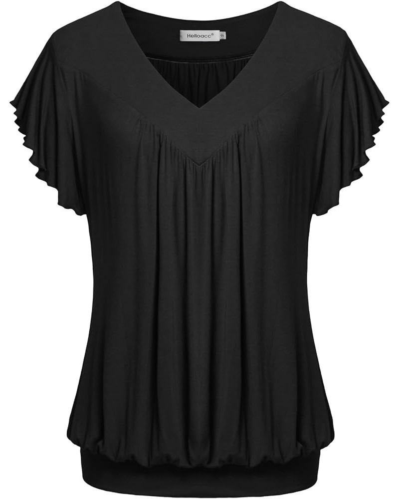 Womens V Neck Short Ruffled Cap Sleeves Banded Hem Bottom T Shirts Loose Tops with Shirred Black $11.19 Tops