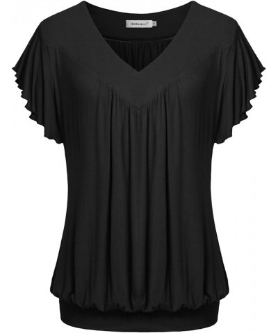 Womens V Neck Short Ruffled Cap Sleeves Banded Hem Bottom T Shirts Loose Tops with Shirred Black $11.19 Tops