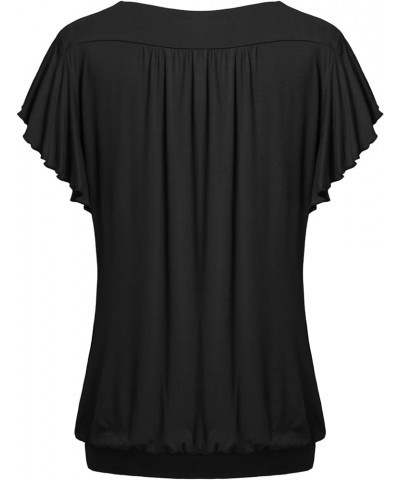 Womens V Neck Short Ruffled Cap Sleeves Banded Hem Bottom T Shirts Loose Tops with Shirred Black $11.19 Tops