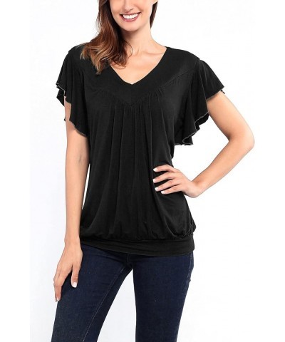 Womens V Neck Short Ruffled Cap Sleeves Banded Hem Bottom T Shirts Loose Tops with Shirred Black $11.19 Tops