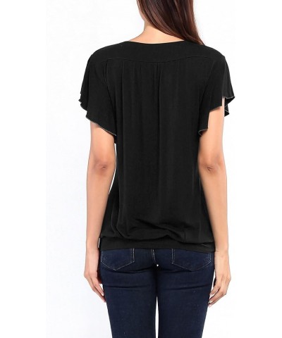 Womens V Neck Short Ruffled Cap Sleeves Banded Hem Bottom T Shirts Loose Tops with Shirred Black $11.19 Tops