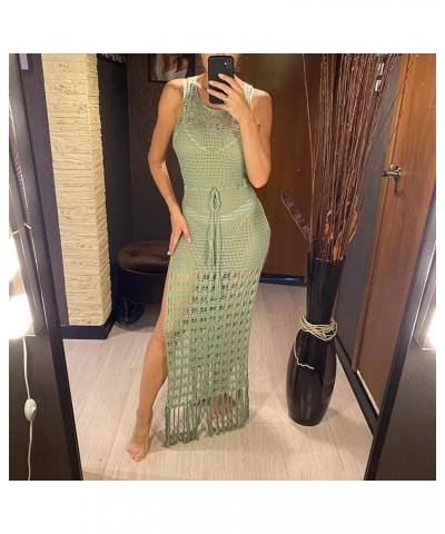 Women's Bikini Swimsuits Two Piece Crochet Fishnet Bra Top Maxi Skirt Cover Up Set Beach Outfits 5228-3 Green $16.66 Swimsuits