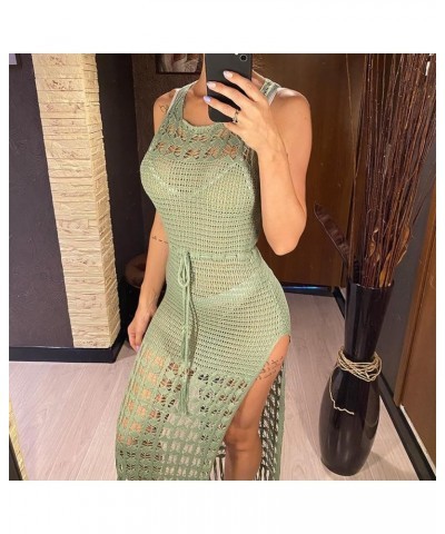 Women's Bikini Swimsuits Two Piece Crochet Fishnet Bra Top Maxi Skirt Cover Up Set Beach Outfits 5228-3 Green $16.66 Swimsuits