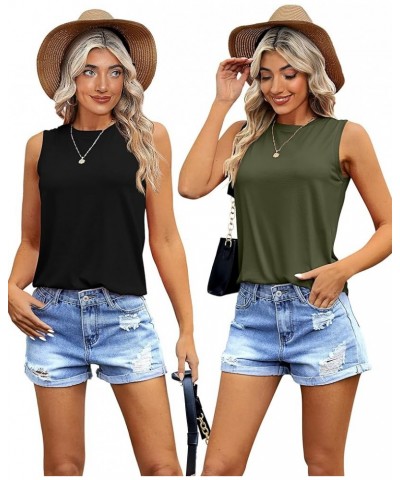 2 Pack Women's Sleeveless Tank Tops, Casual Loose Fit T Shirts Solid Color Tunic Crew Neck Summer Shirts Tee Black, Olive Gre...