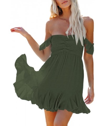 Women Summer Smock Tube Top Dress Off Shoulder Ruffles A-Line Flowy Dresses Army Green $18.75 Dresses