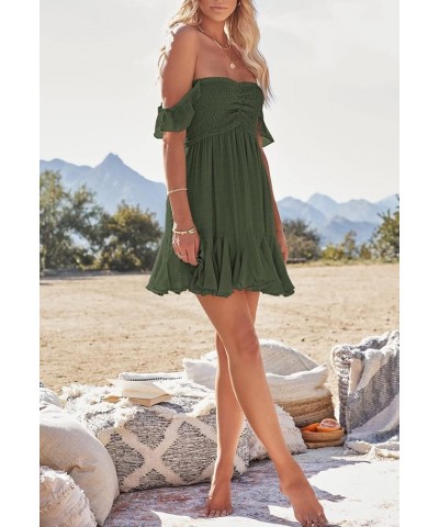 Women Summer Smock Tube Top Dress Off Shoulder Ruffles A-Line Flowy Dresses Army Green $18.75 Dresses