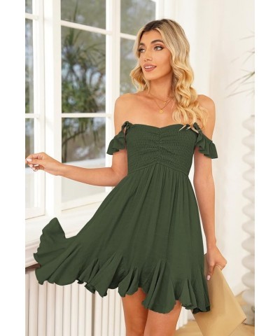 Women Summer Smock Tube Top Dress Off Shoulder Ruffles A-Line Flowy Dresses Army Green $18.75 Dresses