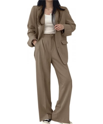 Women's Business Casual 2 Piece Outfits Oversized Blazer Jacket and Wide Leg Pants Sets Dark Khaki $13.86 Suits