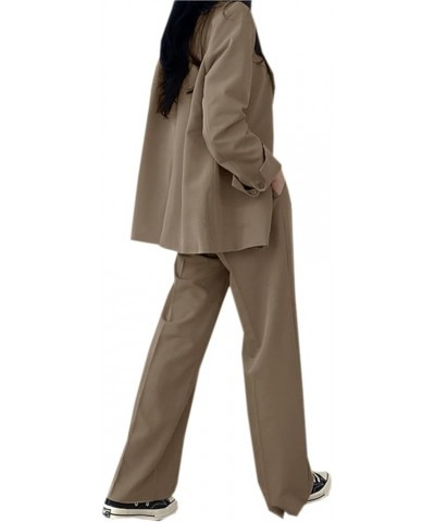 Women's Business Casual 2 Piece Outfits Oversized Blazer Jacket and Wide Leg Pants Sets Dark Khaki $13.86 Suits