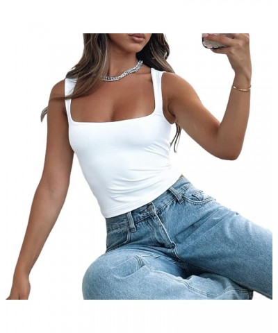 Basic Ribbed Tank Top for Women Square Neck Sleeveless Slim Fit Strappy Cami Top Y2k Stretchy Vest Streetwear G-wide Straps W...