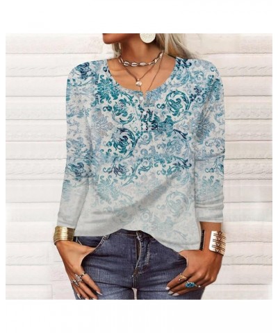 Womens Long Sleeve Tops Fashion Ethnic Print Shirt V-Neck Casual Tops Sweatshirts Tees Slim 02-sky Blue $14.61 Tops