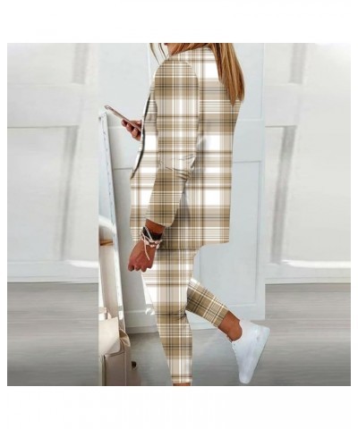 Business Casual Clothes for Women Fall Fashion Two Piece Plaid Blazer Jacket and Fited Pants Work Office Lady Outfits A08khak...