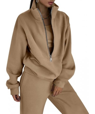 Women's Fleece Two Piece Outfit Half Zip Sweatshirt And Joggers Pants Set Tracksuit Khaki $28.59 Hoodies & Sweatshirts