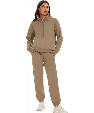 Women's Fleece Two Piece Outfit Half Zip Sweatshirt And Joggers Pants Set Tracksuit Khaki $28.59 Hoodies & Sweatshirts