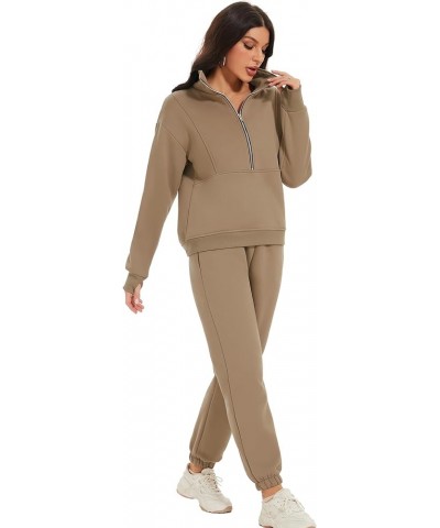 Women's Fleece Two Piece Outfit Half Zip Sweatshirt And Joggers Pants Set Tracksuit Khaki $28.59 Hoodies & Sweatshirts