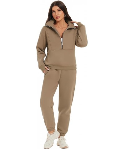 Women's Fleece Two Piece Outfit Half Zip Sweatshirt And Joggers Pants Set Tracksuit Khaki $28.59 Hoodies & Sweatshirts