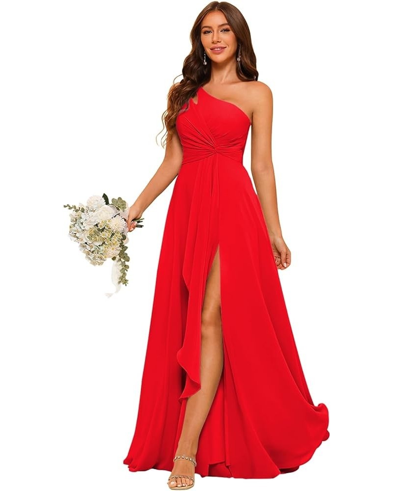 Chiffon One Shoulder Bridesmaid Dress with Pleated Bodice Long A Line Prom Dress for Women RS028 Red $36.57 Dresses