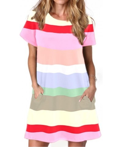 Alaster Women’s Casual Summer T Shirt Dress Loose Short Sleeve Tunic Dress with Pocket for Women E-purple Colorful Striped $1...