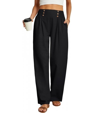 Womens Summer Mix Cotton Linen Palazzo Pants High Waisted Wide Leg Long Lounge Trousers with Pocket 01 Black $14.70 Pants