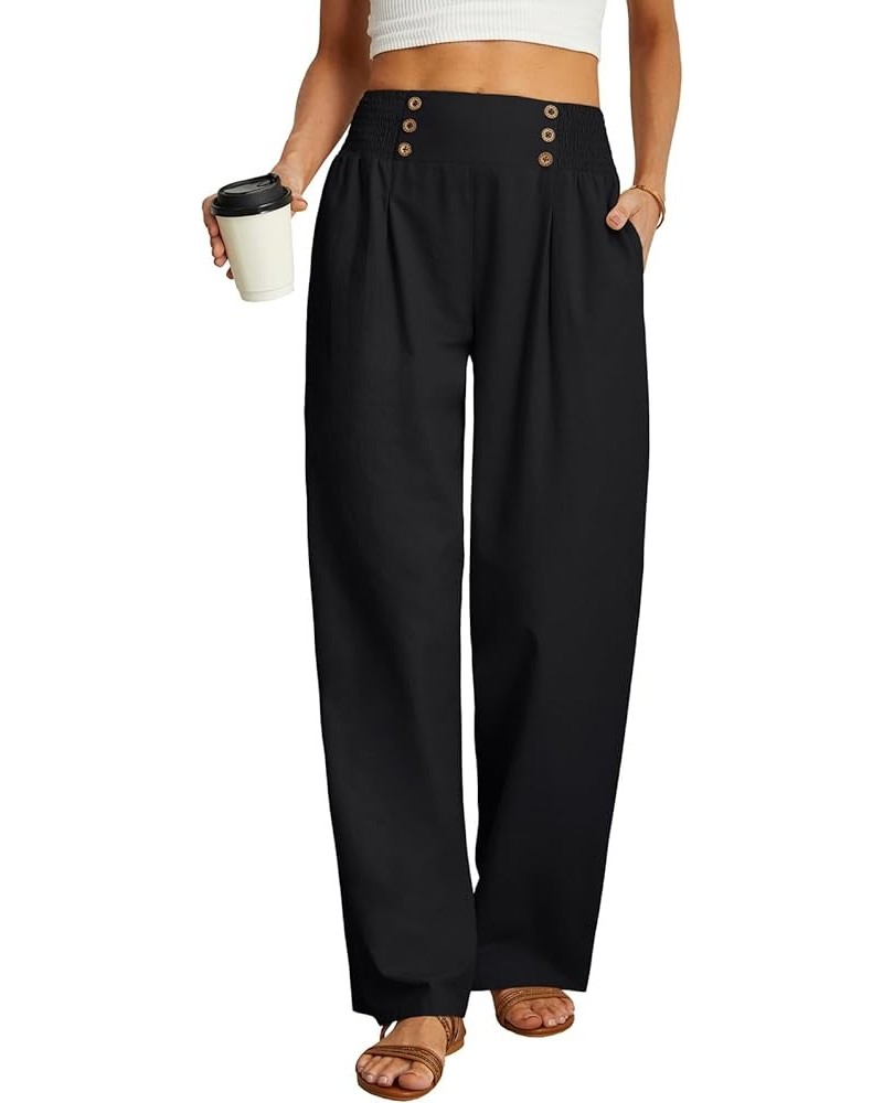 Womens Summer Mix Cotton Linen Palazzo Pants High Waisted Wide Leg Long Lounge Trousers with Pocket 01 Black $14.70 Pants