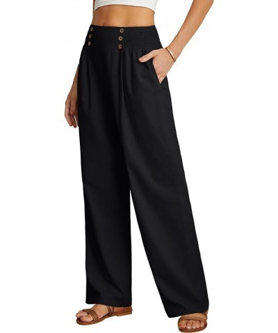 Womens Summer Mix Cotton Linen Palazzo Pants High Waisted Wide Leg Long Lounge Trousers with Pocket 01 Black $14.70 Pants