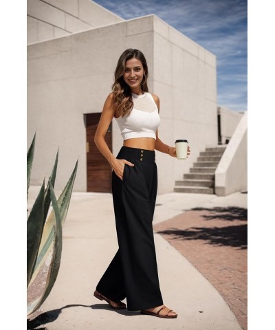 Womens Summer Mix Cotton Linen Palazzo Pants High Waisted Wide Leg Long Lounge Trousers with Pocket 01 Black $14.70 Pants