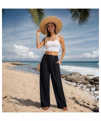 Womens Summer Mix Cotton Linen Palazzo Pants High Waisted Wide Leg Long Lounge Trousers with Pocket 01 Black $14.70 Pants