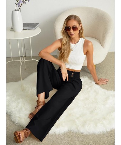 Womens Summer Mix Cotton Linen Palazzo Pants High Waisted Wide Leg Long Lounge Trousers with Pocket 01 Black $14.70 Pants