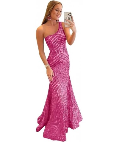 Sparkly Sequin Mermaid Prom Dress for Women One Shoulder Long Formal Evening Party Gowns Hot Pink $28.70 Dresses