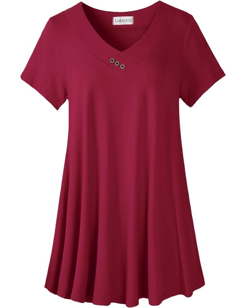 Plus Size Tops for Womens T Shirts Button Down Summer Clothes Short Sleeve Tunics Casual V Neck Blouses Wine Red $10.00 Tops