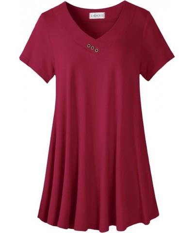 Plus Size Tops for Womens T Shirts Button Down Summer Clothes Short Sleeve Tunics Casual V Neck Blouses Wine Red $10.00 Tops