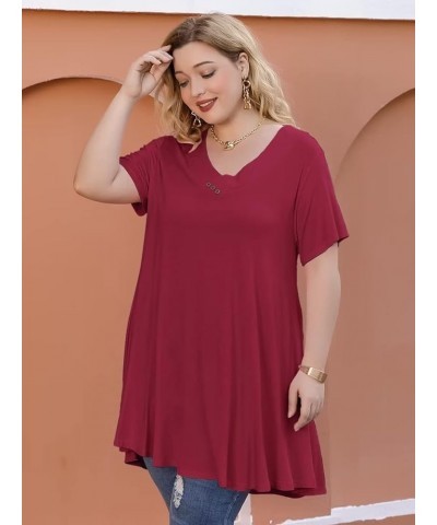 Plus Size Tops for Womens T Shirts Button Down Summer Clothes Short Sleeve Tunics Casual V Neck Blouses Wine Red $10.00 Tops