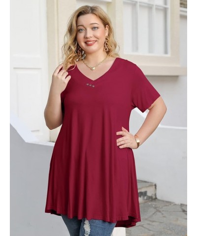 Plus Size Tops for Womens T Shirts Button Down Summer Clothes Short Sleeve Tunics Casual V Neck Blouses Wine Red $10.00 Tops