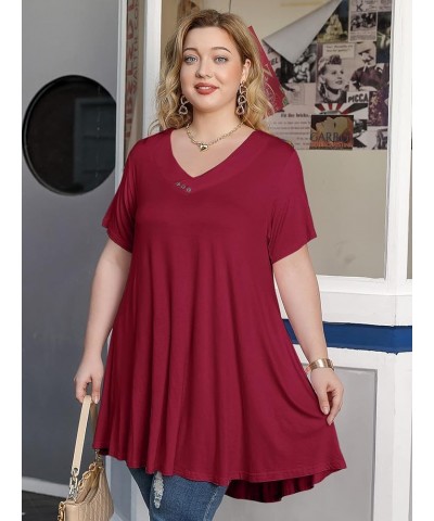 Plus Size Tops for Womens T Shirts Button Down Summer Clothes Short Sleeve Tunics Casual V Neck Blouses Wine Red $10.00 Tops