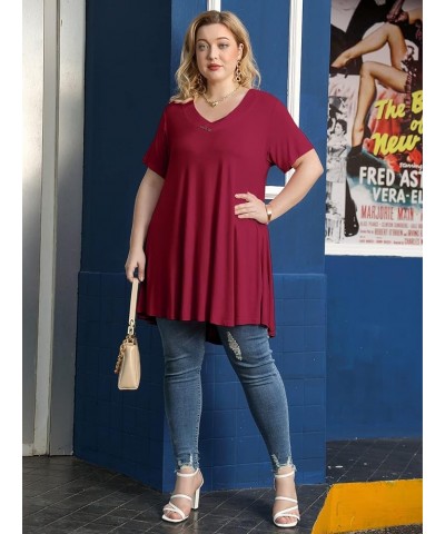 Plus Size Tops for Womens T Shirts Button Down Summer Clothes Short Sleeve Tunics Casual V Neck Blouses Wine Red $10.00 Tops