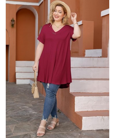 Plus Size Tops for Womens T Shirts Button Down Summer Clothes Short Sleeve Tunics Casual V Neck Blouses Wine Red $10.00 Tops