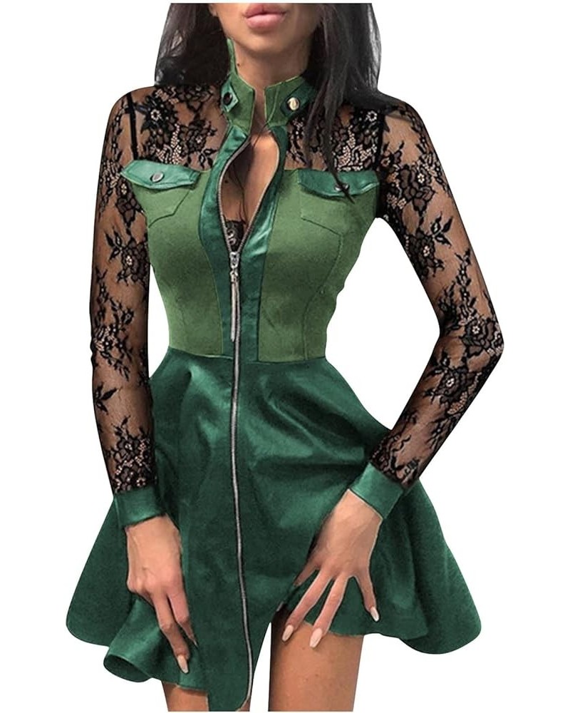 Lace Sleeve Full Zip Through Mini Dress Stand Collar Flowing Dress Faux Leather Jacket A Line Punk Plus Size Cocktail Green $...