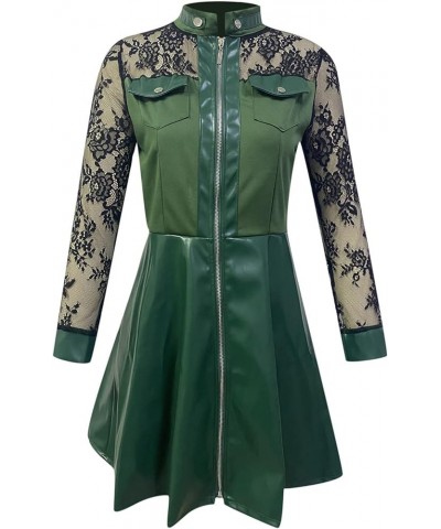 Lace Sleeve Full Zip Through Mini Dress Stand Collar Flowing Dress Faux Leather Jacket A Line Punk Plus Size Cocktail Green $...