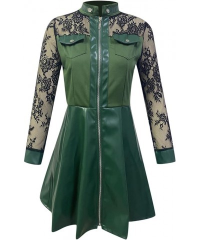 Lace Sleeve Full Zip Through Mini Dress Stand Collar Flowing Dress Faux Leather Jacket A Line Punk Plus Size Cocktail Green $...