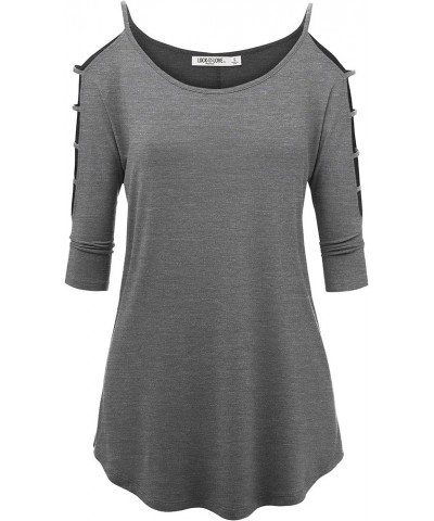 Women's Casual Loose Hollowed Out Shoulder Three Quarter Sleeve/Short Sleeve Semi-Loose Strappy Cold Shoulder Top Wt1803_hdg ...