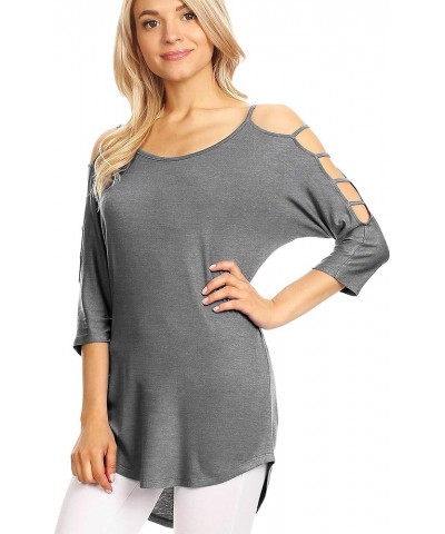 Women's Casual Loose Hollowed Out Shoulder Three Quarter Sleeve/Short Sleeve Semi-Loose Strappy Cold Shoulder Top Wt1803_hdg ...