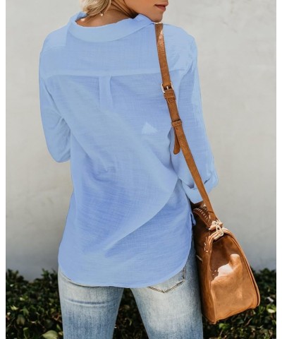 Womens Button Down Long Sleeve Shirts Casual V Neck Cotton Linen Shirt Roll Sleeve Work Blouse Tops with Pockets Sky Blue $9....