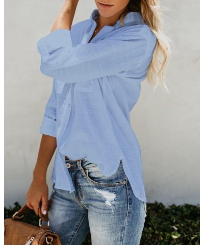 Womens Button Down Long Sleeve Shirts Casual V Neck Cotton Linen Shirt Roll Sleeve Work Blouse Tops with Pockets Sky Blue $9....