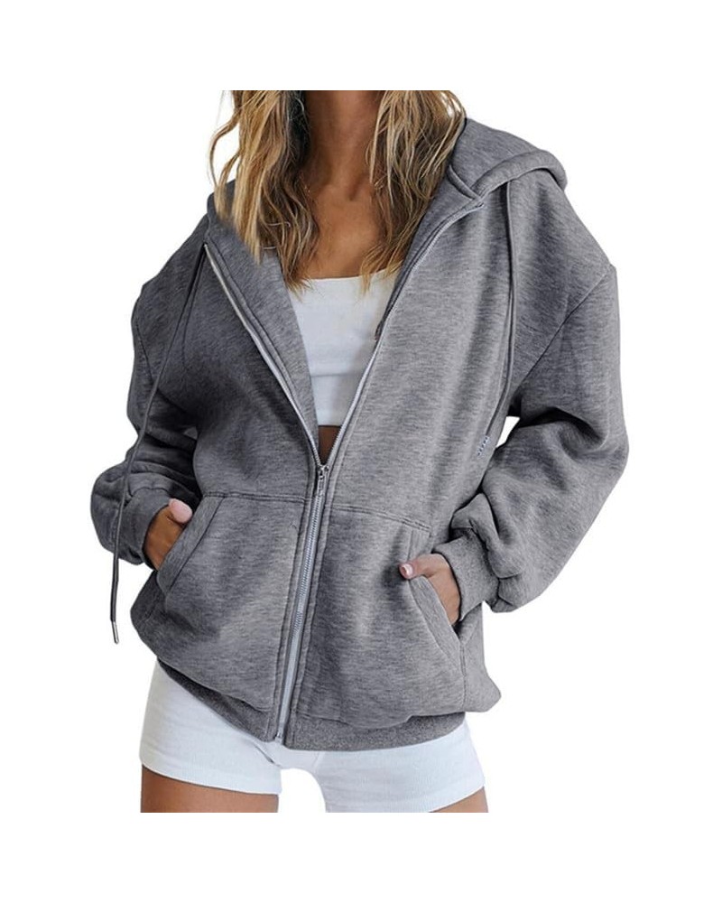 Women's Oversized Zip Up Hoodies Sweatshirts Fall Winter Casual Drawstring Jacket Tops with Pocket Dark Grey $10.07 Hoodies &...