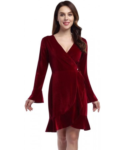 Women's V Neck Velvet Formal Elegant Evening Party Mini Dress Velvet Ruffle Maroon $18.90 Dresses